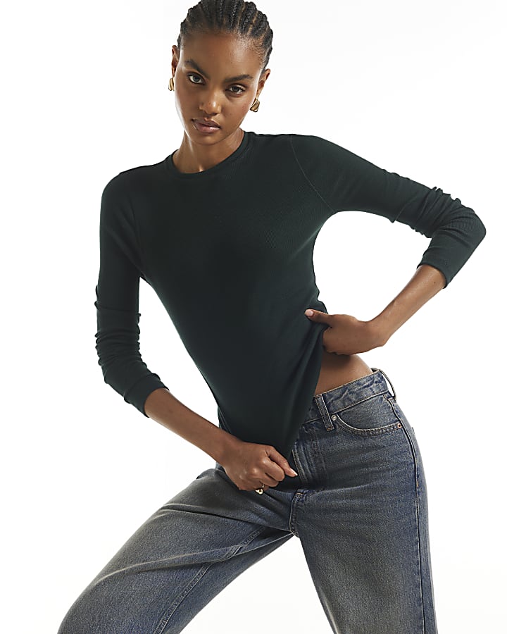 Green Long Sleeve Cotton Blend Ribbed Top