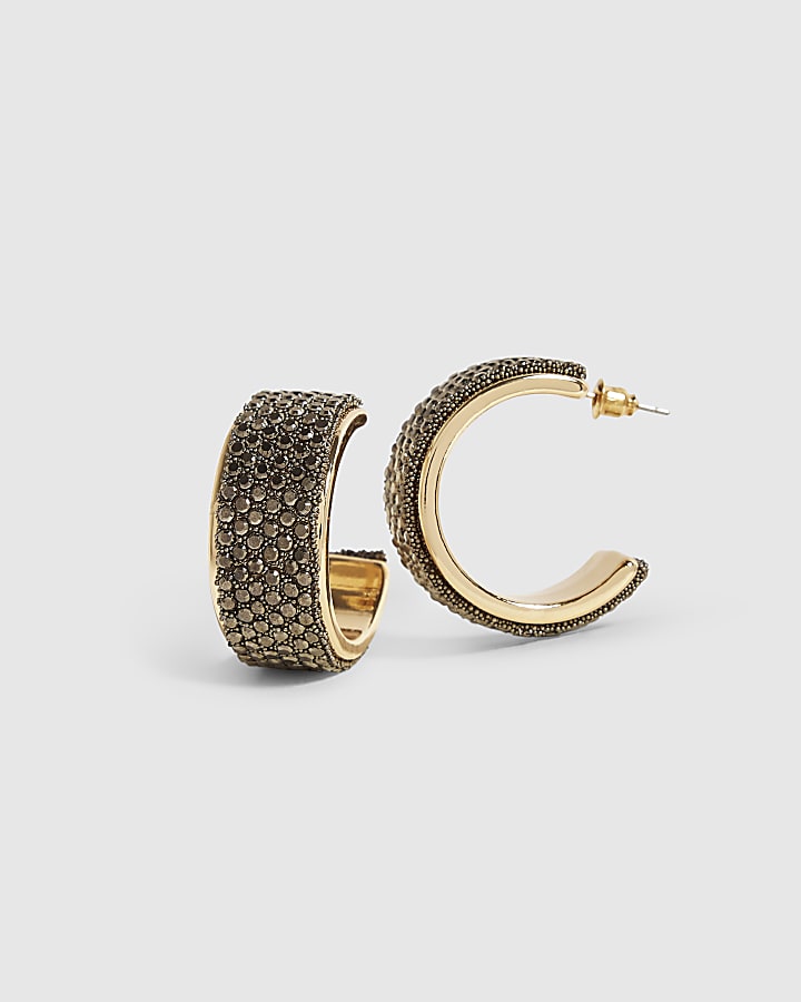 Black Gunmetal Diamante Hoops