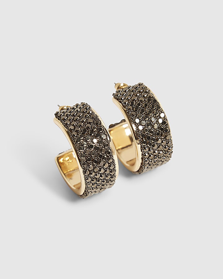 Black Gunmetal Diamante Hoops