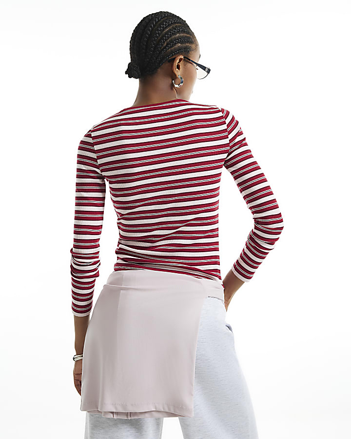 Red Long Sleeve Crew Neck Stripe Rib Top