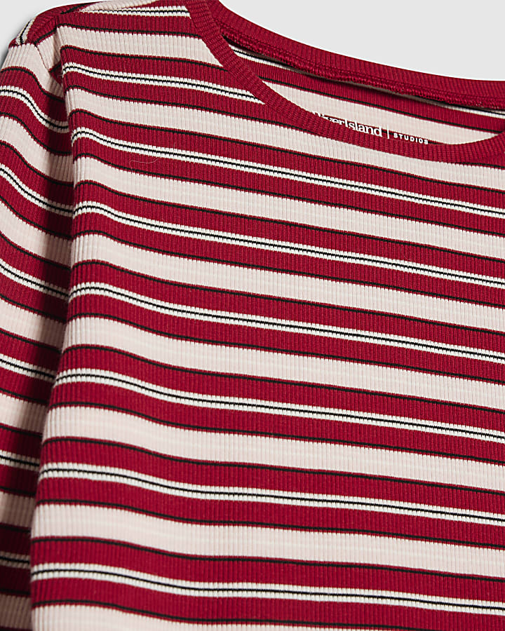 Red Long Sleeve Crew Neck Stripe Rib Top