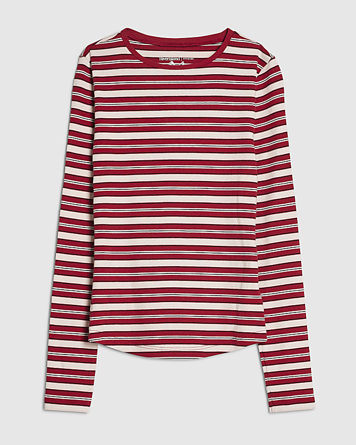 Red Long Sleeve Crew Neck Stripe Rib Top