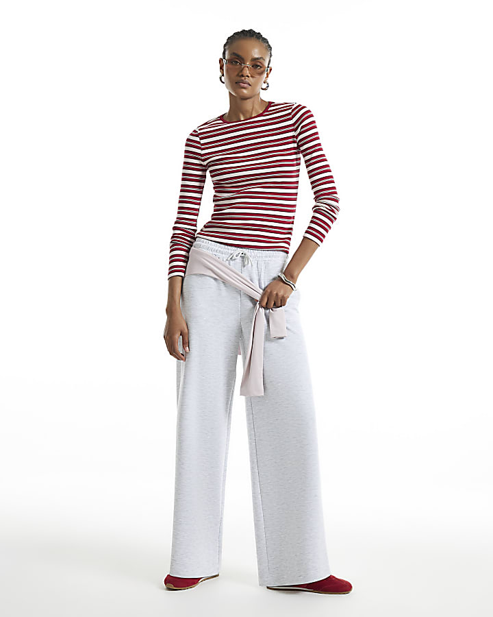 Red Long Sleeve Crew Neck Stripe Rib Top