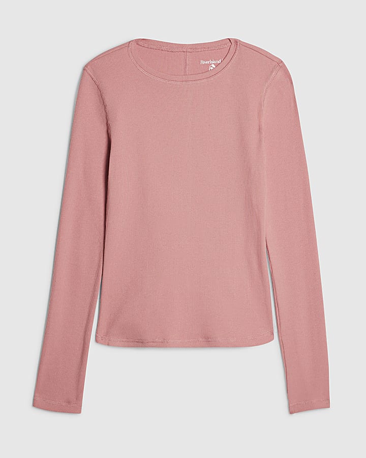Pink Long Sleeve Cotton Blend Ribbed Top