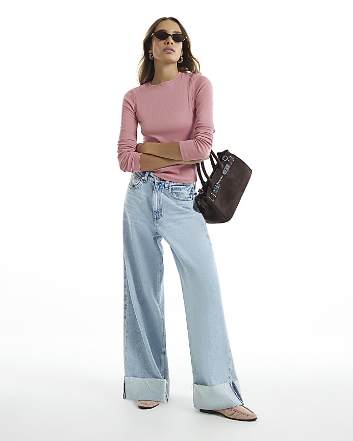 Pink Long Sleeve Cotton Blend Ribbed Top