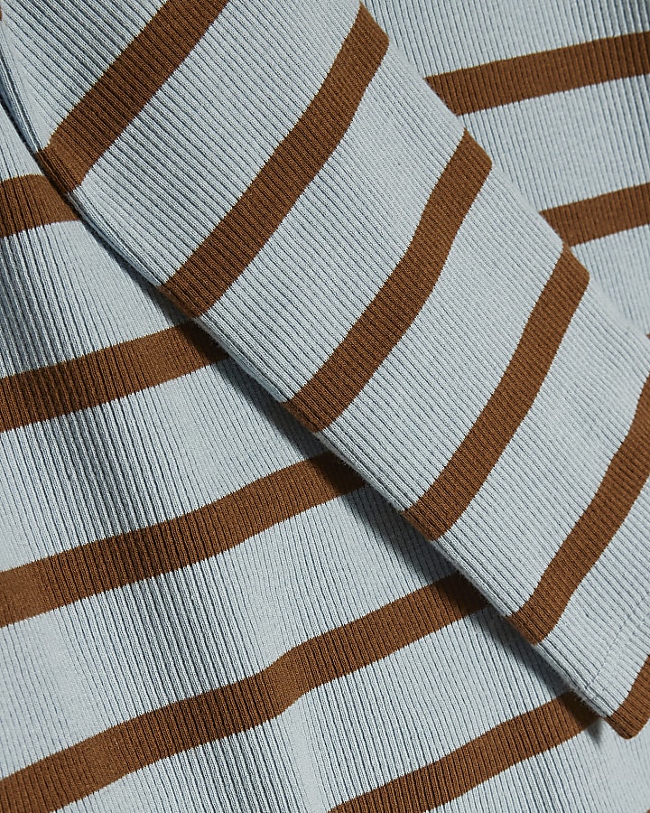Blue Stripe Crew Neck Rib Long Sleeve Top