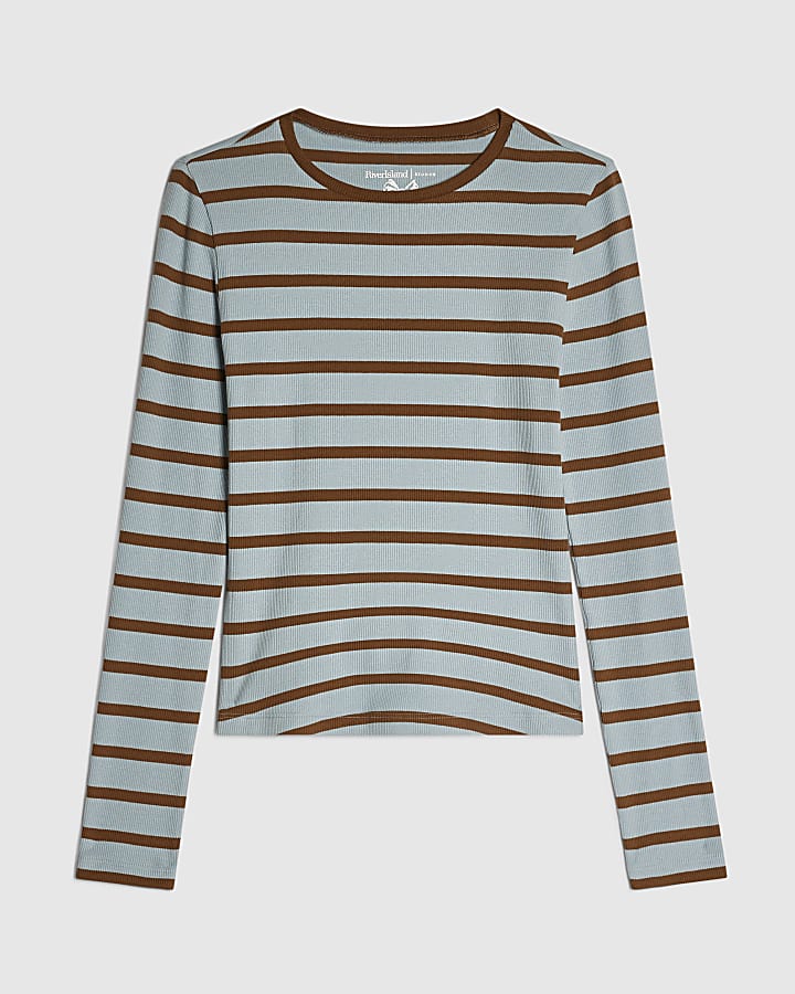 Blue Stripe Crew Neck Rib Long Sleeve Top