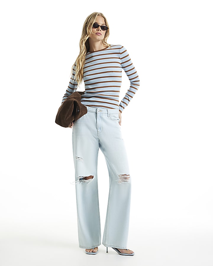 Blue Stripe Crew Neck Rib Long Sleeve Top