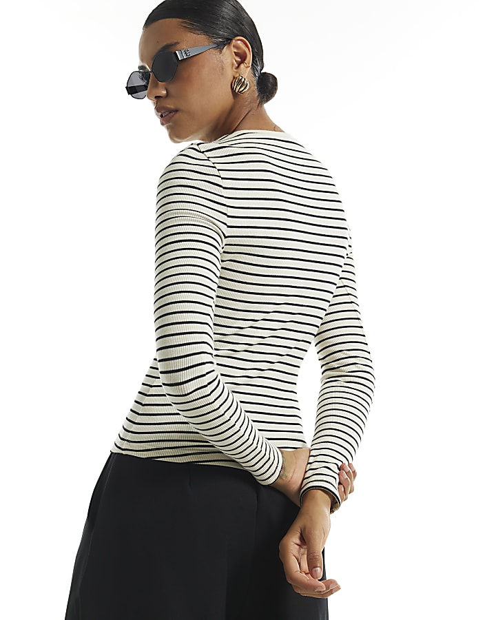 Cream Stripe Long Sleeve Crew Neck Rib Top