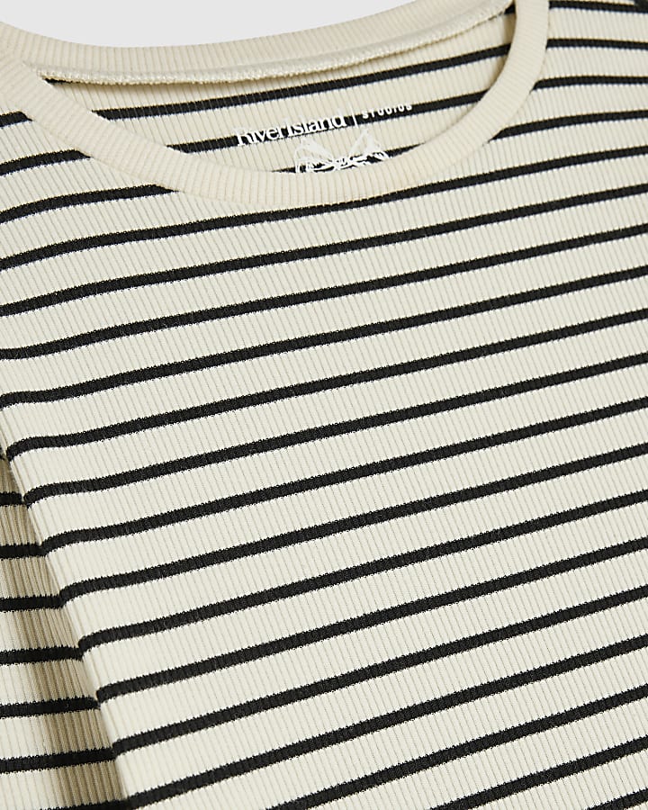 Cream Stripe Long Sleeve Crew Neck Rib Top