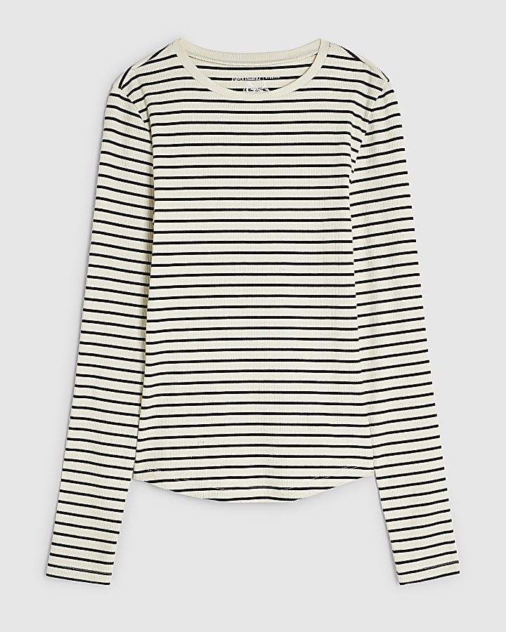 Cream Stripe Long Sleeve Crew Neck Rib Top
