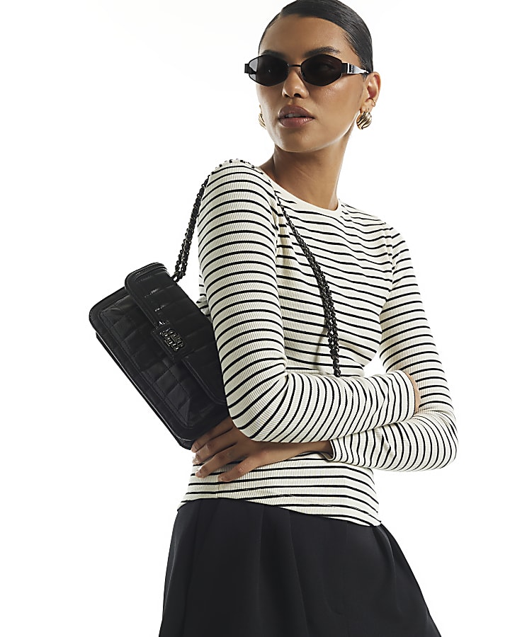 Cream Stripe Long Sleeve Crew Neck Rib Top