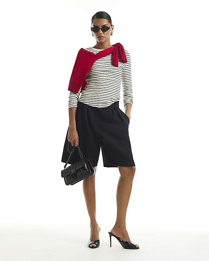 Cream Stripe Long Sleeve Crew Neck Rib Top