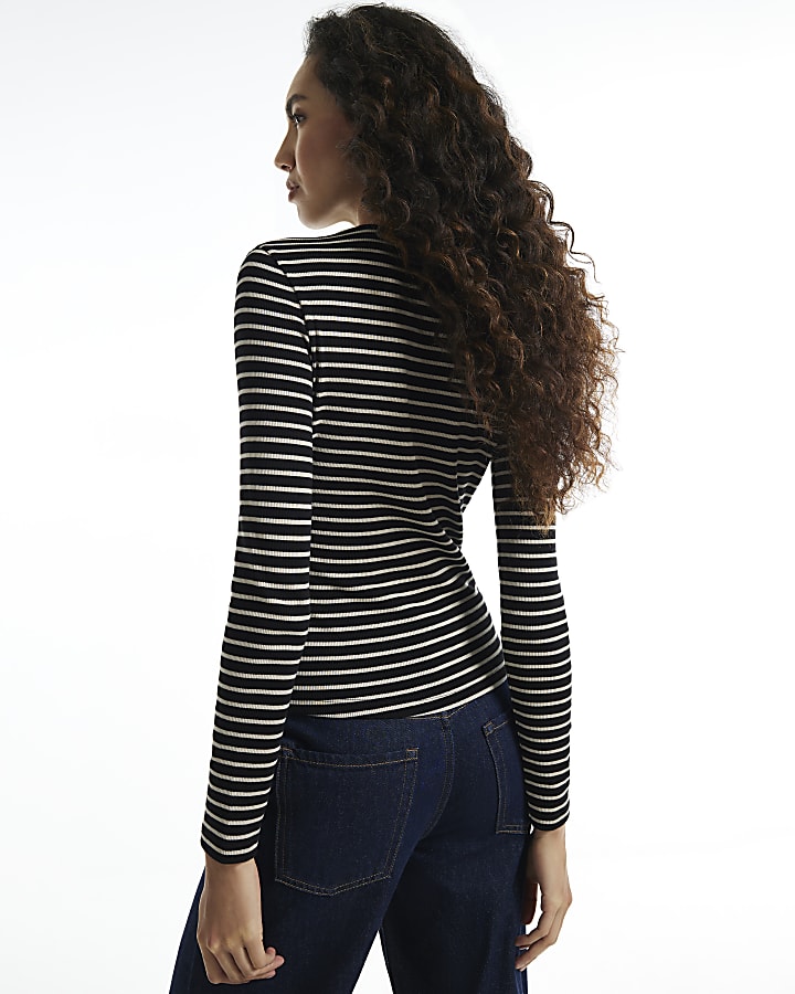 Black Stripe Crew Neck Long Sleeve Rib Top