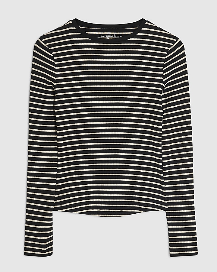 Black Stripe Crew Neck Long Sleeve Rib Top