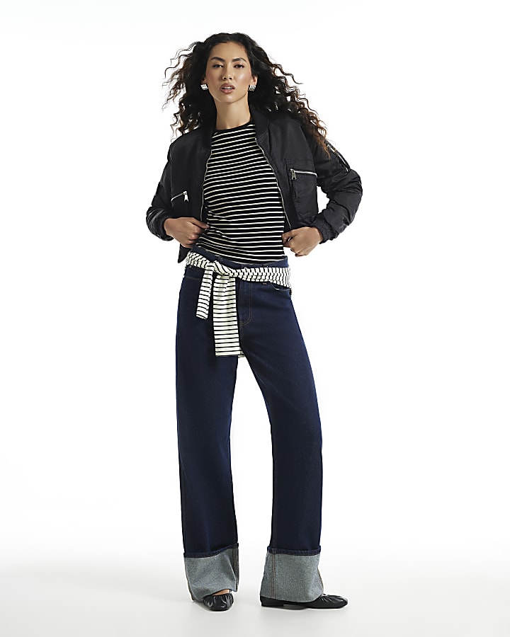 Black Stripe Crew Neck Long Sleeve Rib Top