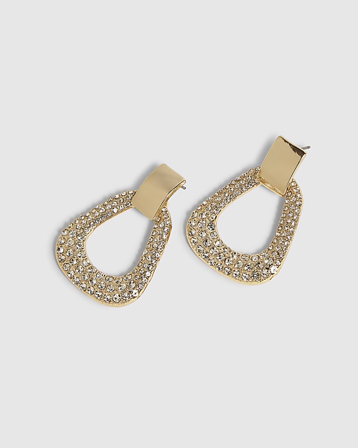 Gold Rhinestone Door Knocker Earrings