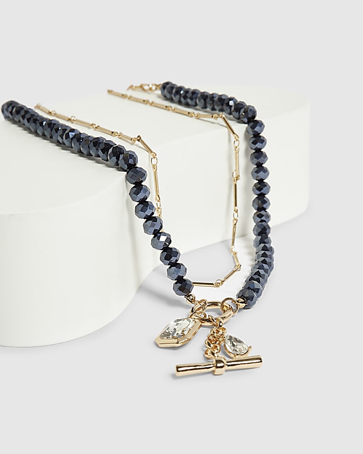 Blue Gold Midnight Beaded T Bar Necklace