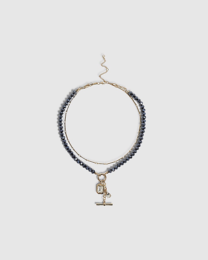 Blue Gold Midnight Beaded T Bar Necklace