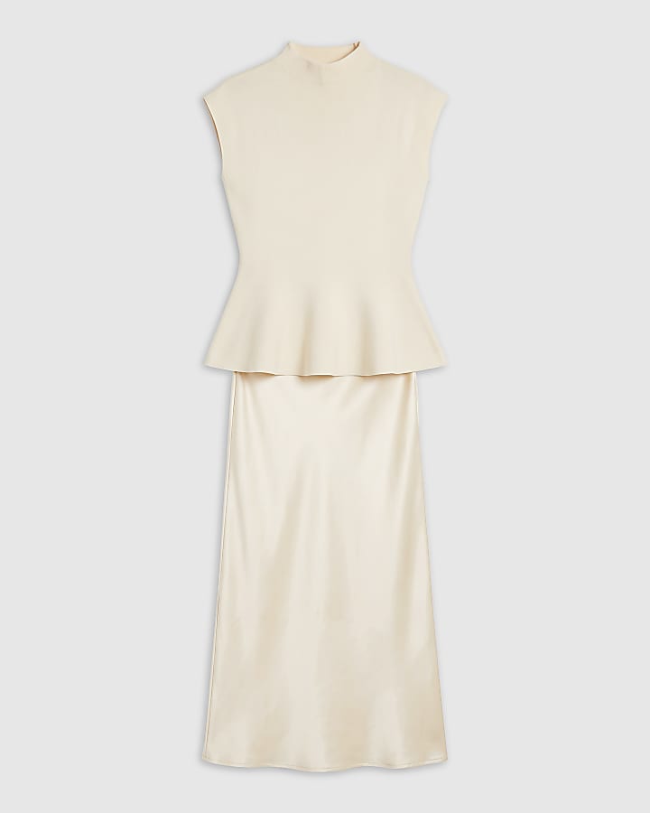 Cream Hybrid Satin Knit Peplum Maxi Dress