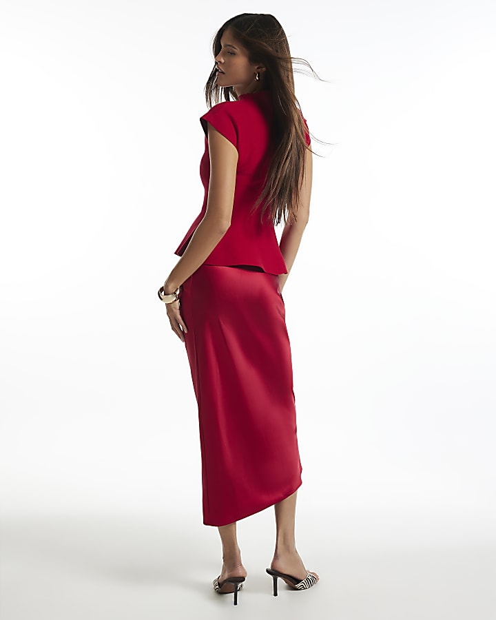 Red Hybrid Satin Knit Peplum Maxi Dress