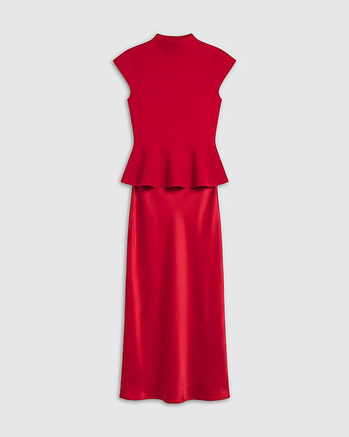 Red Hybrid Satin Knit Peplum Maxi Dress