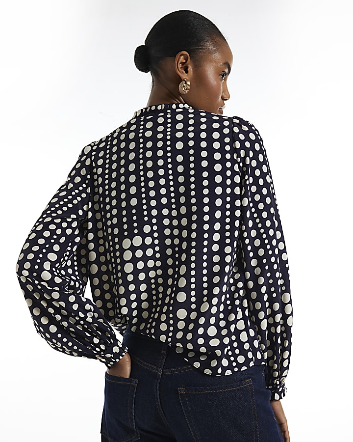 Black Polka Dot V Neck Long Sleeve Blouse