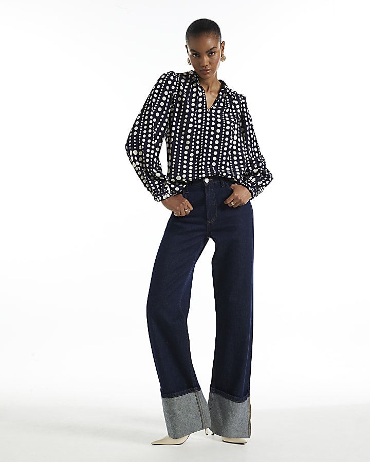 Black Polka Dot V Neck Long Sleeve Blouse