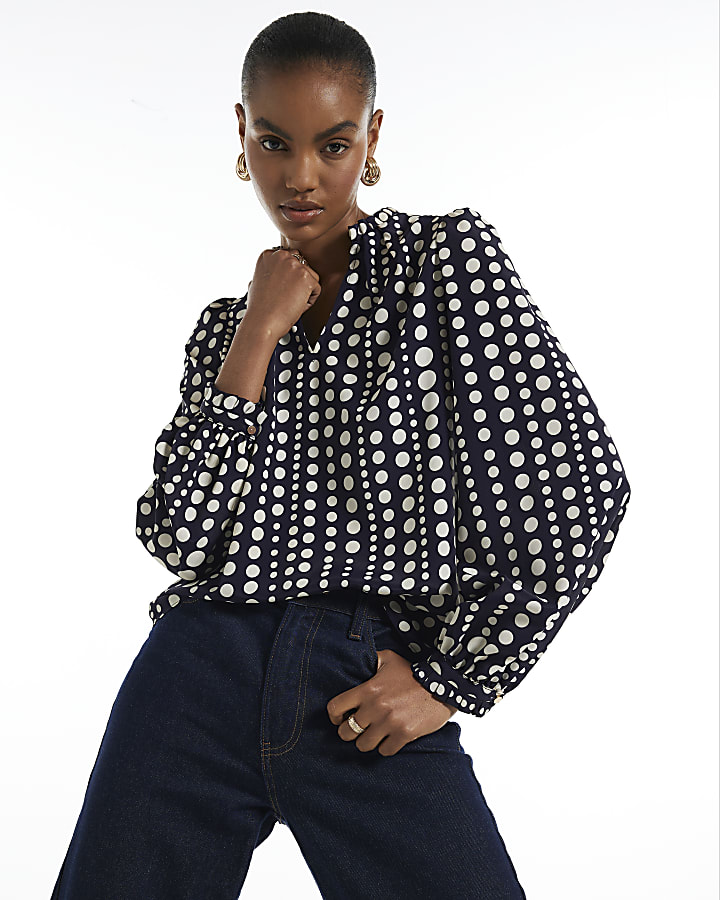 Black Polka Dot V Neck Long Sleeve Blouse