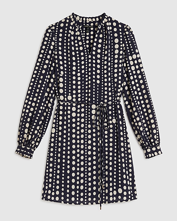 Black Polkadot Print Tie Waist Dress