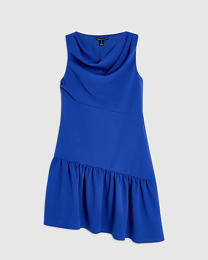 Blue Cowl Neck Peplum Mini Dress