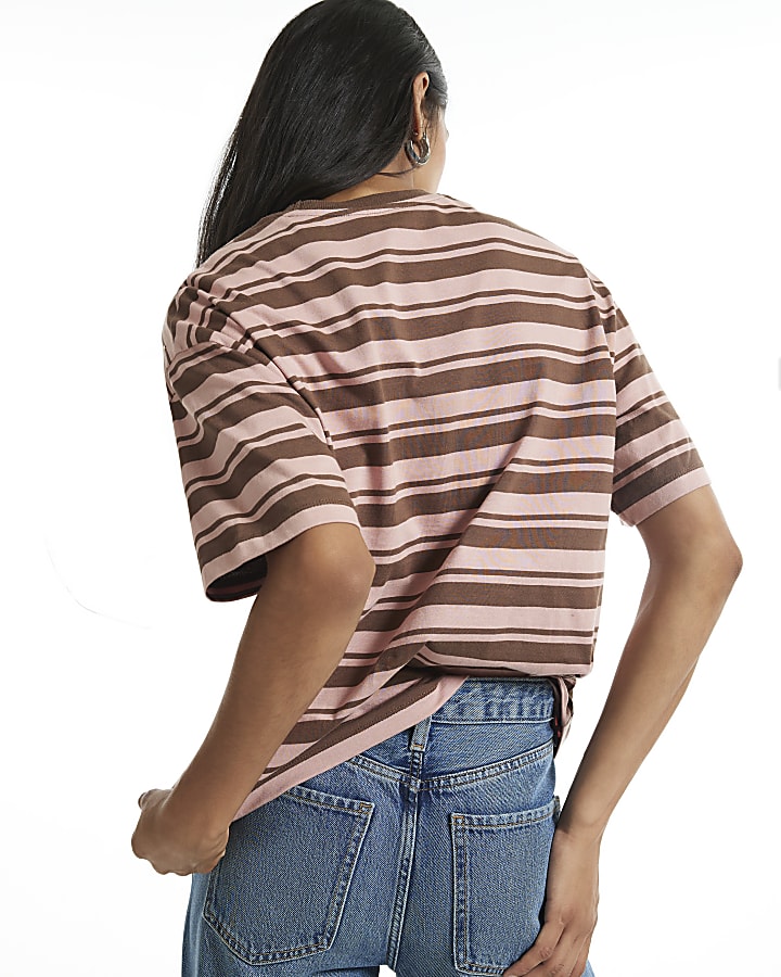 Brown Cotton Diamante Stripe T-Shirt