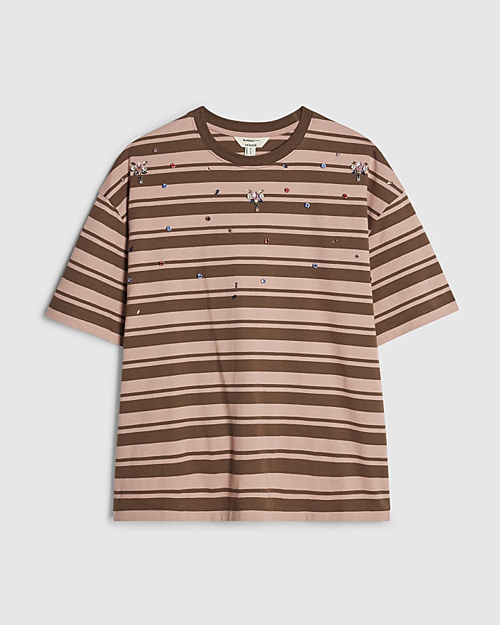Brown Cotton Diamante Stripe T-Shirt