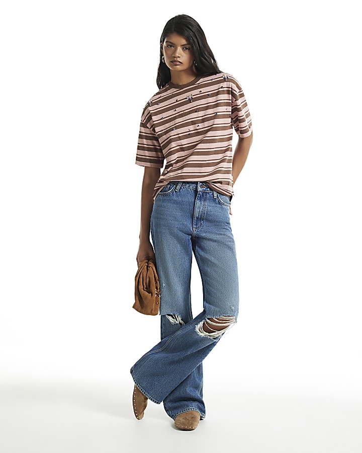 Brown Cotton Diamante Stripe T-Shirt