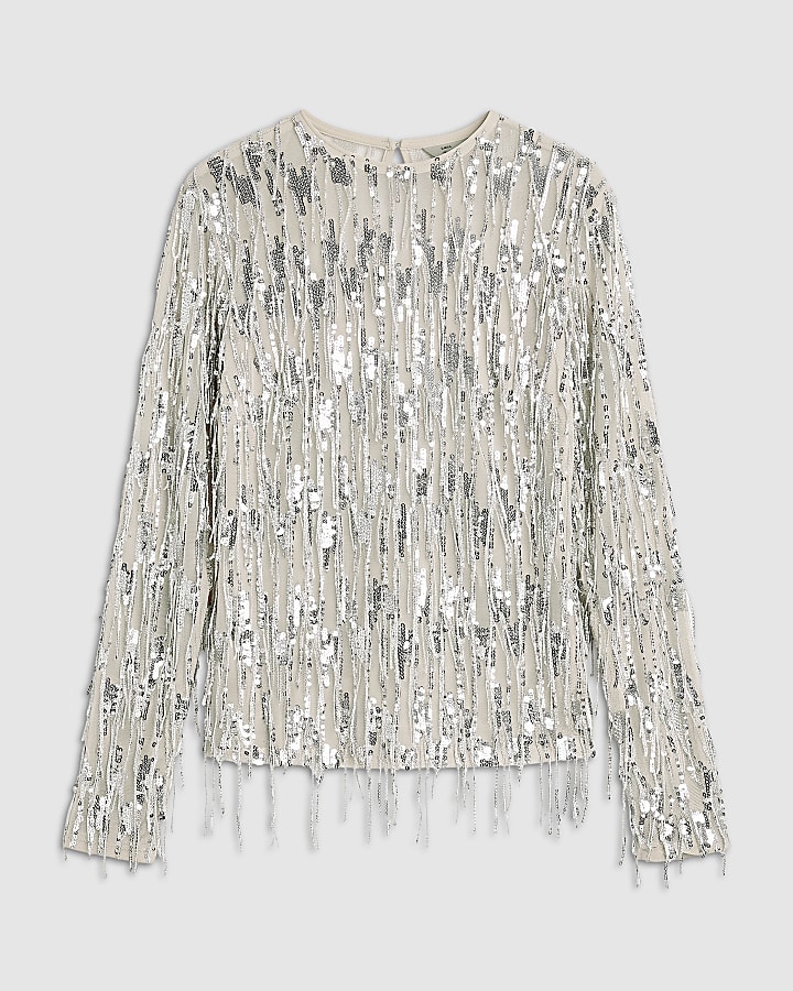 Cream Sequin Fringe Top