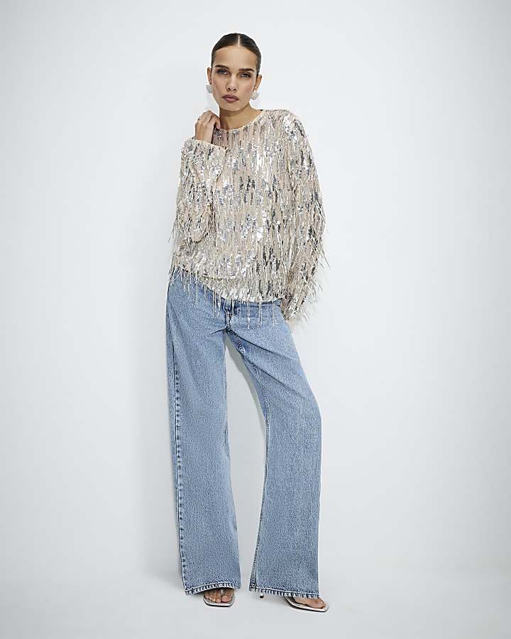 Cream Sequin Fringe Top