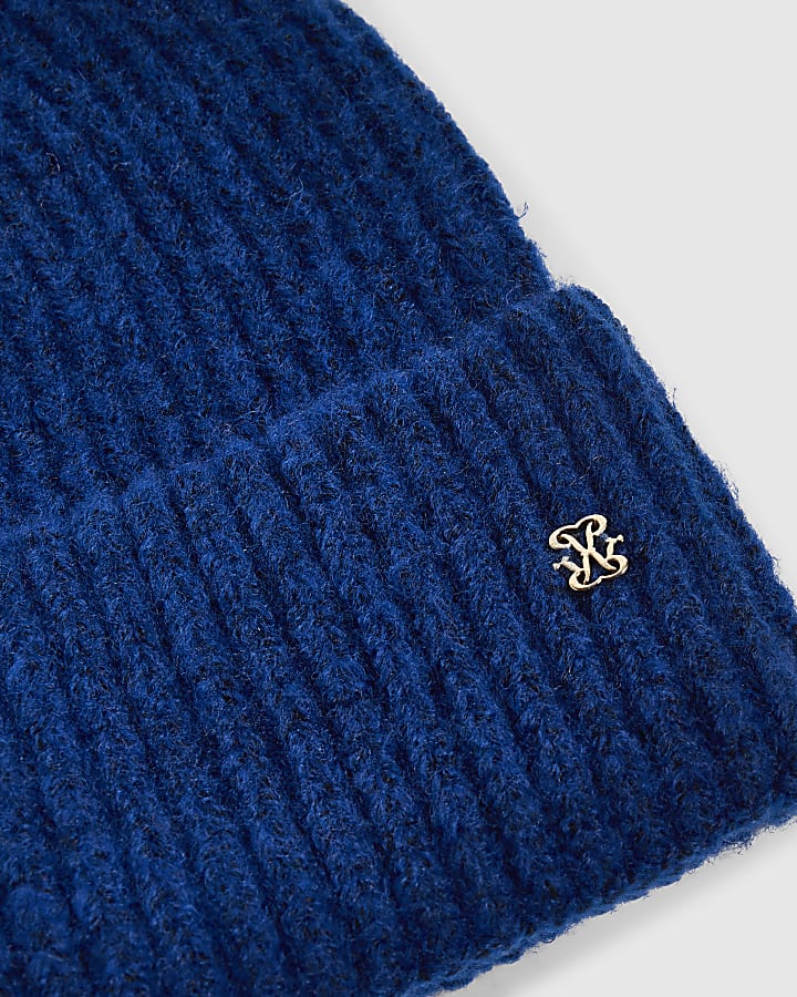 Blue Knit Turned Up Cuff Beanie