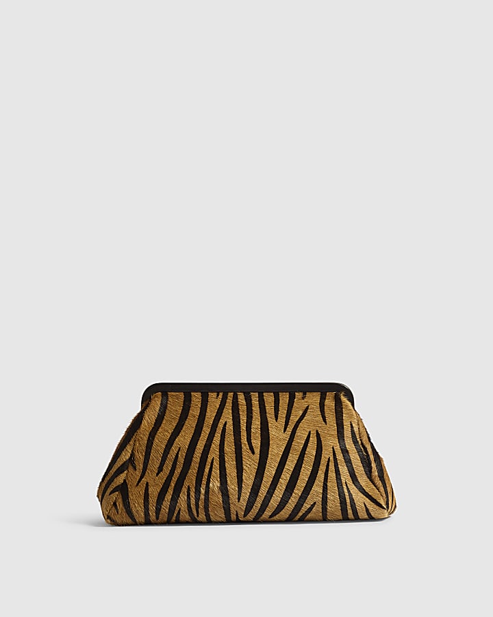 Brown Animal Print Hair On Leather Clutch Bag
