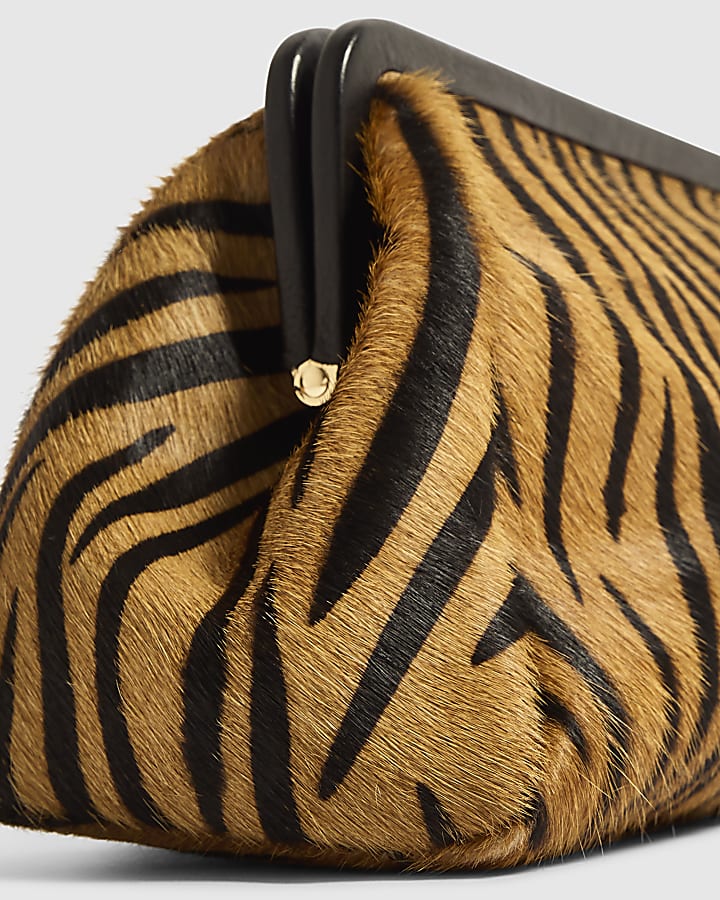 Brown Animal Print Hair On Leather Clutch Bag