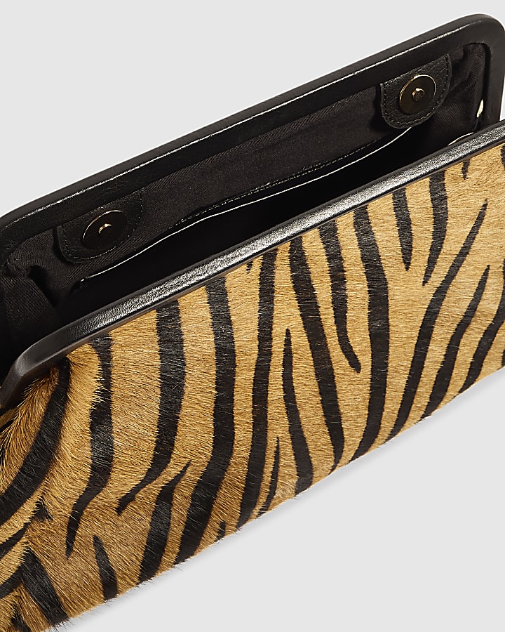 Brown Animal Print Hair On Leather Clutch Bag