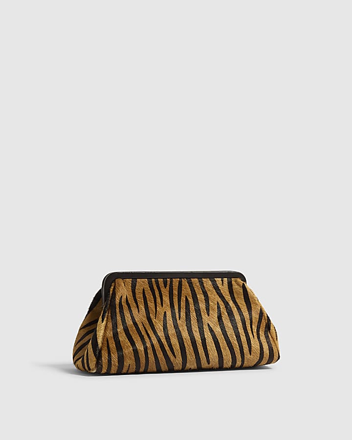 Brown Animal Print Hair On Leather Clutch Bag