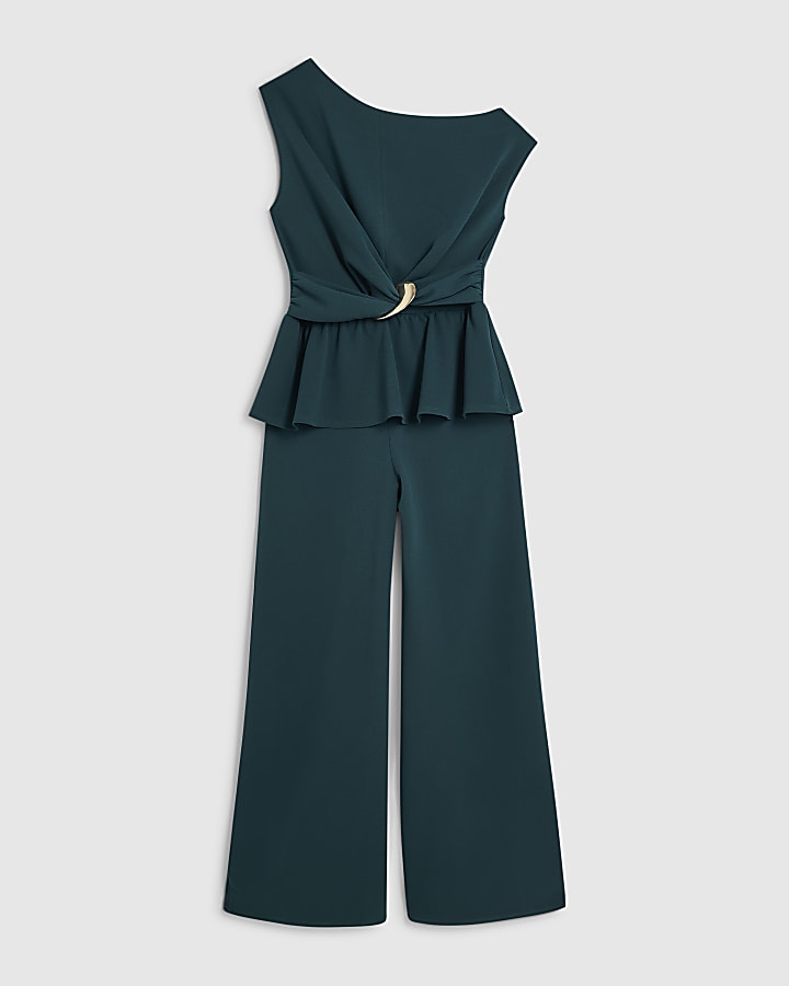 Green One Shoulder Buckle Detail Jumpsuit