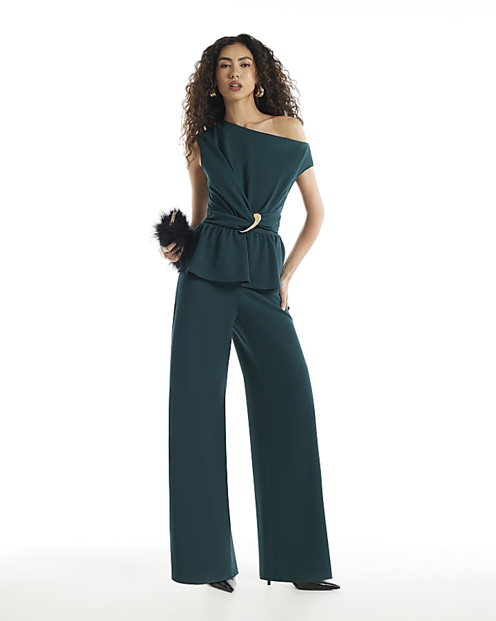 Green One Shoulder Buckle Detail Jumpsuit