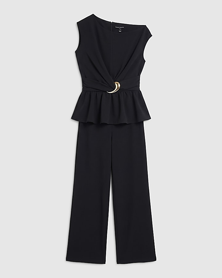 Black One Shoulder Buckle Detail Jumpsuit