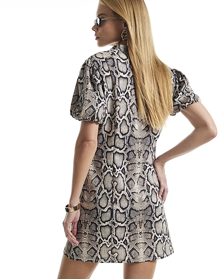Cream Snake Print Puff Sleeve Mini Dress