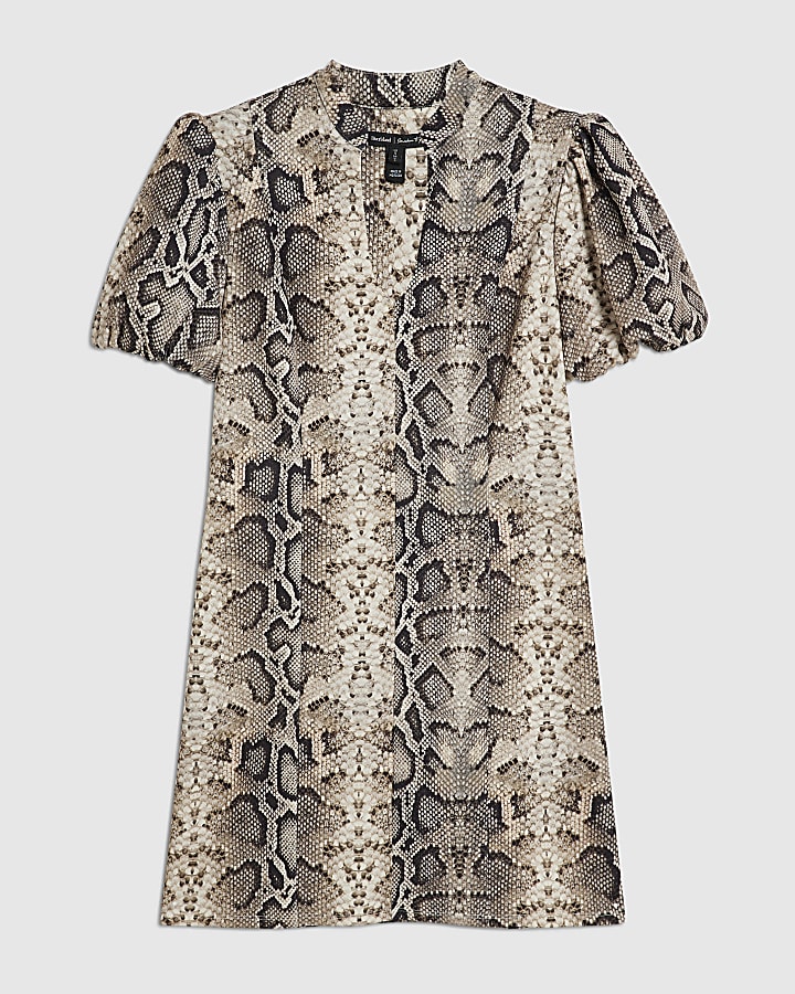 Cream Snake Print Puff Sleeve Mini Dress