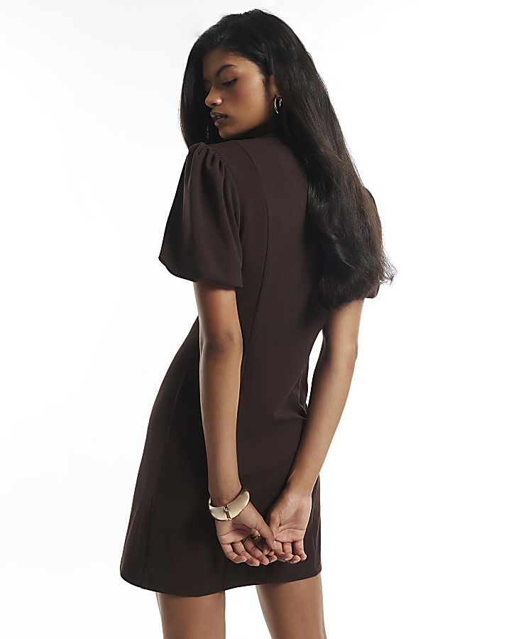 Brown Plunge Neck Puff Sleeve Mini Dress
