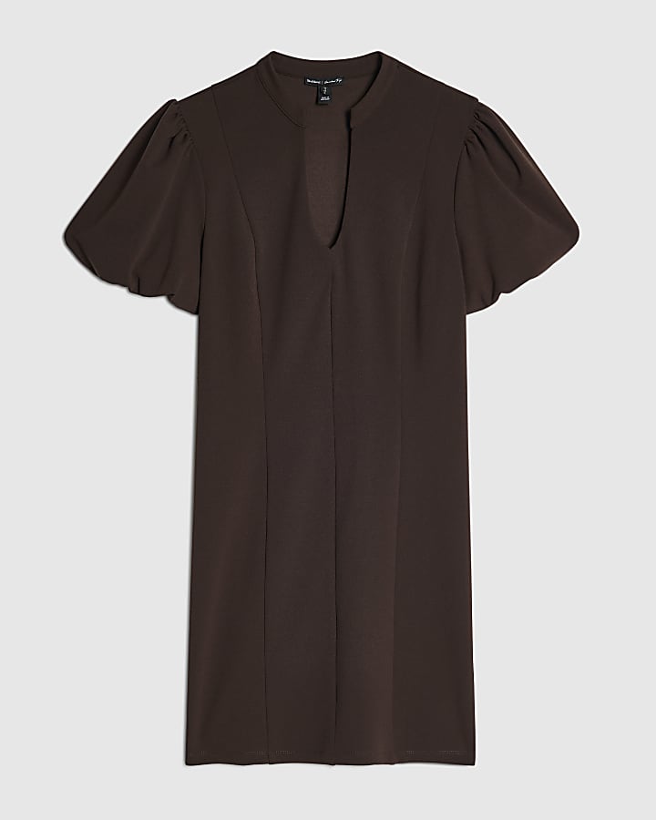 Brown Plunge Neck Puff Sleeve Mini Dress