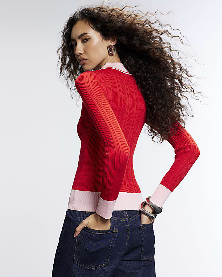 Red Diamante Blocked Polo Top