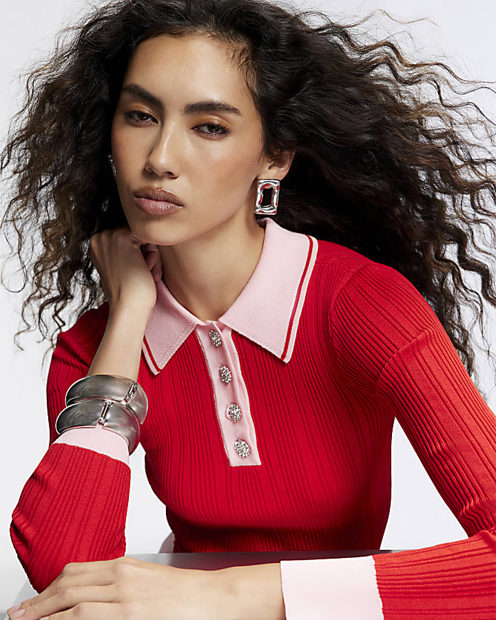 Red Diamante Blocked Polo Top